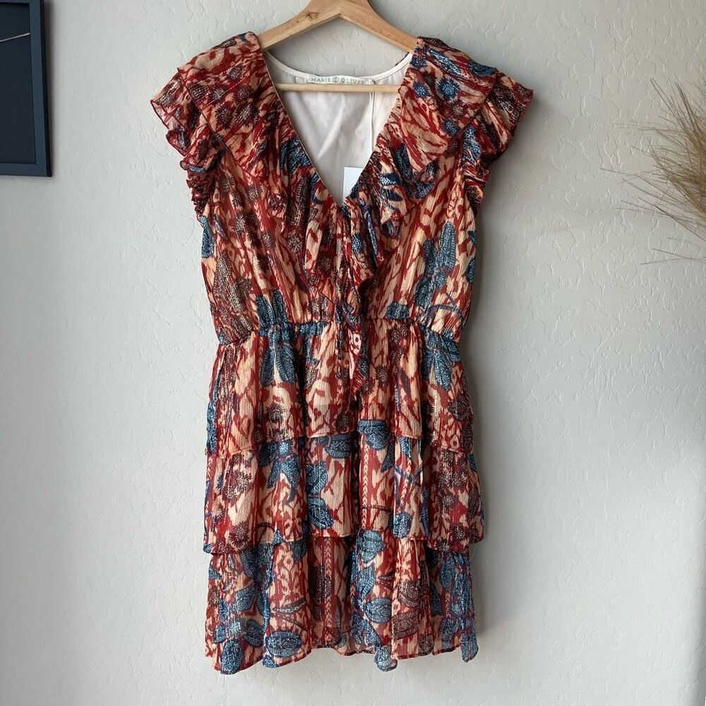 NWT Marie Oliver Dress Metallic Tiered Ruffle Gemma Mini Dress Red Size XS